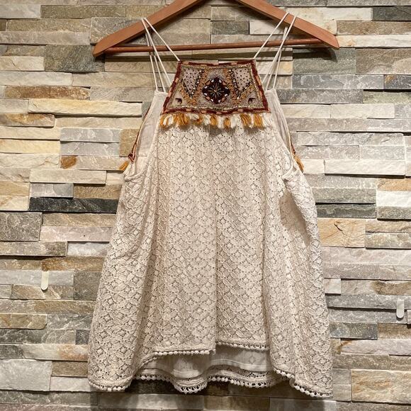 HD in Paris 10 Lace Tank Top | Embroidered Boho Festival Tassel Beaded Blouse - Picture 5 of 8